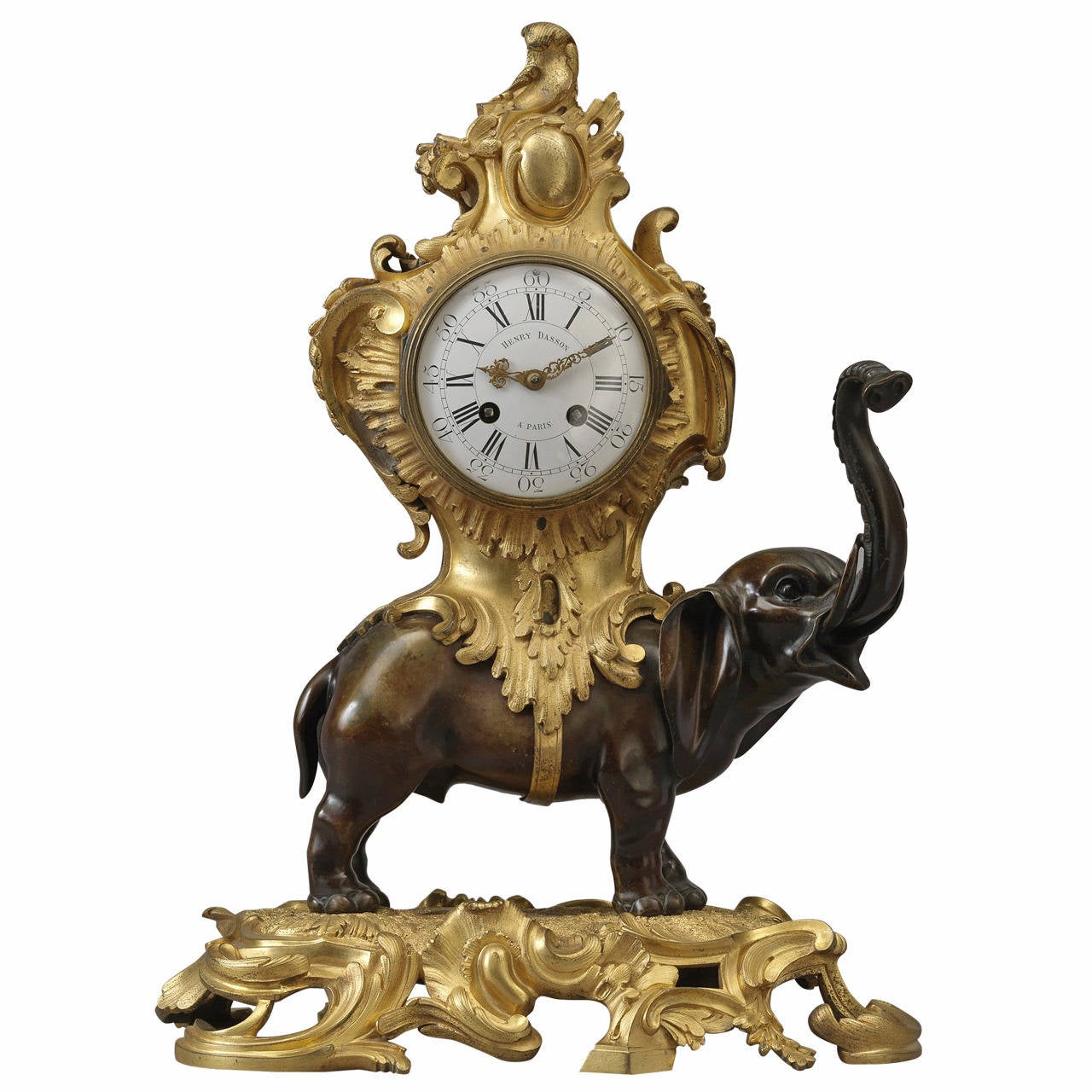 Unusual Gilt and Patinated Bronze Elephant Mantel Clock by Henry Dasson