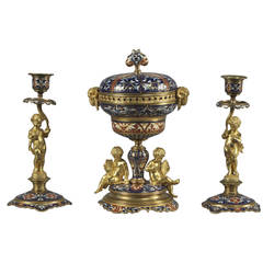 French 19th Century Gilt Bronze Champlevé Enamel Garniture Set 5