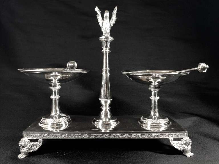 A very fine massive silver Double Salt Cellar, Empire, 1815, Augsburg, Germany by Seethaler (Johann Alois S.), Augsburg 1815. Fully Marked.
Two bowls on rectangular Base.
High-End unique piece. 
Have you ever seen a better quality ?