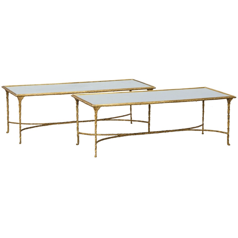 Rare Pair of Large Maison Bagues Coffee Tables with Mirrored Table Tops, Paris circa 1960