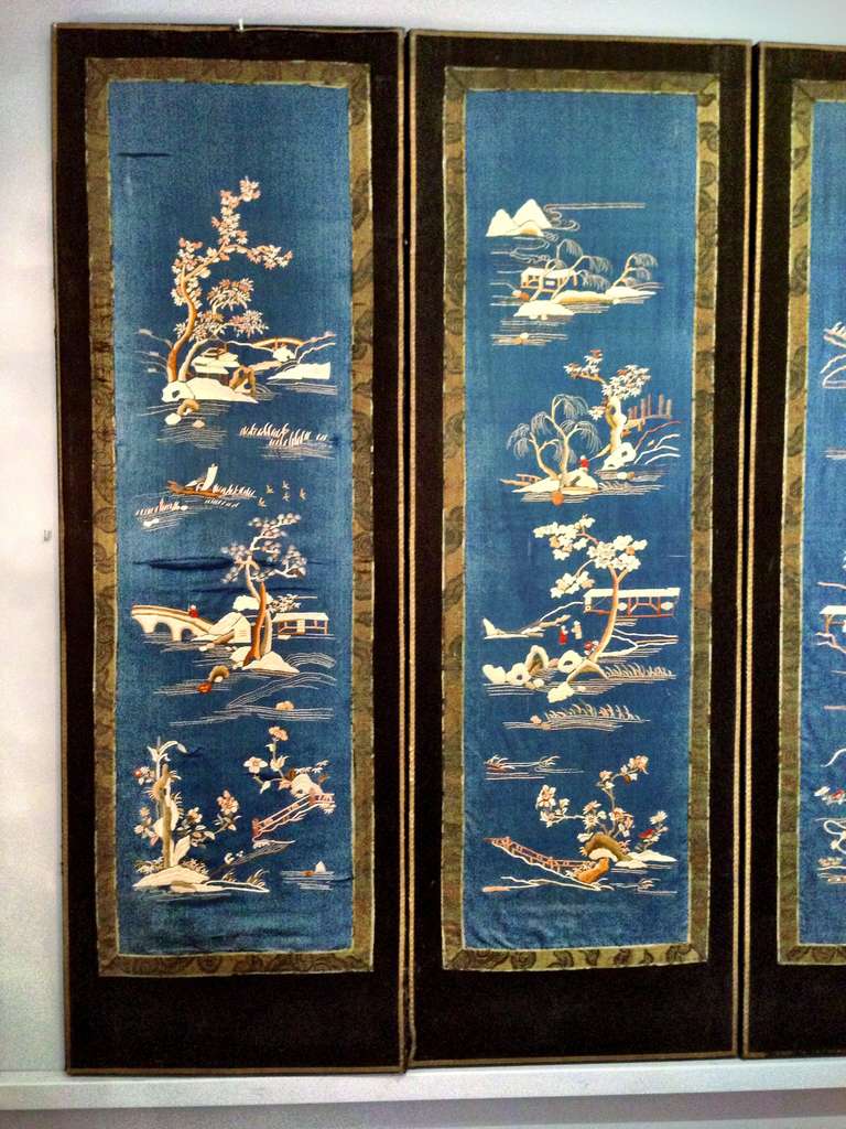 20th Century Blue Subtle Chinese Wall Screen, Embroidered Silk, Ca. 1920 For Sale