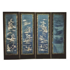 Antique Blue Subtle Chinese Wall Screen, Embroidered Silk, Ca. 1920