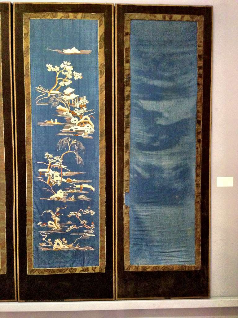 Blue Subtle Chinese Wall Screen, Embroidered Silk, Ca. 1920 For Sale 1