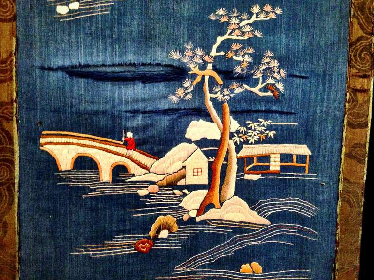 Blue Subtle Chinese Wall Screen, Embroidered Silk, Ca. 1920 For Sale 2