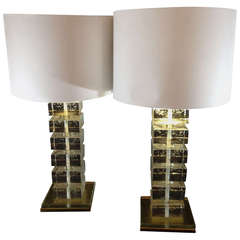 A Elegant Pair Of Table Lamps In Murano Glass With Brass Base.