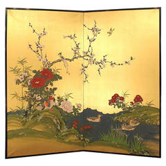 Japanese Gold Byobu Folding Screen Flowers and Birds, 19th Century Paravent