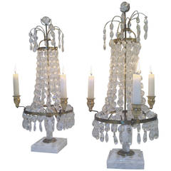 Pair of Beautiful Swedish Crystal and White Marble Candelabra