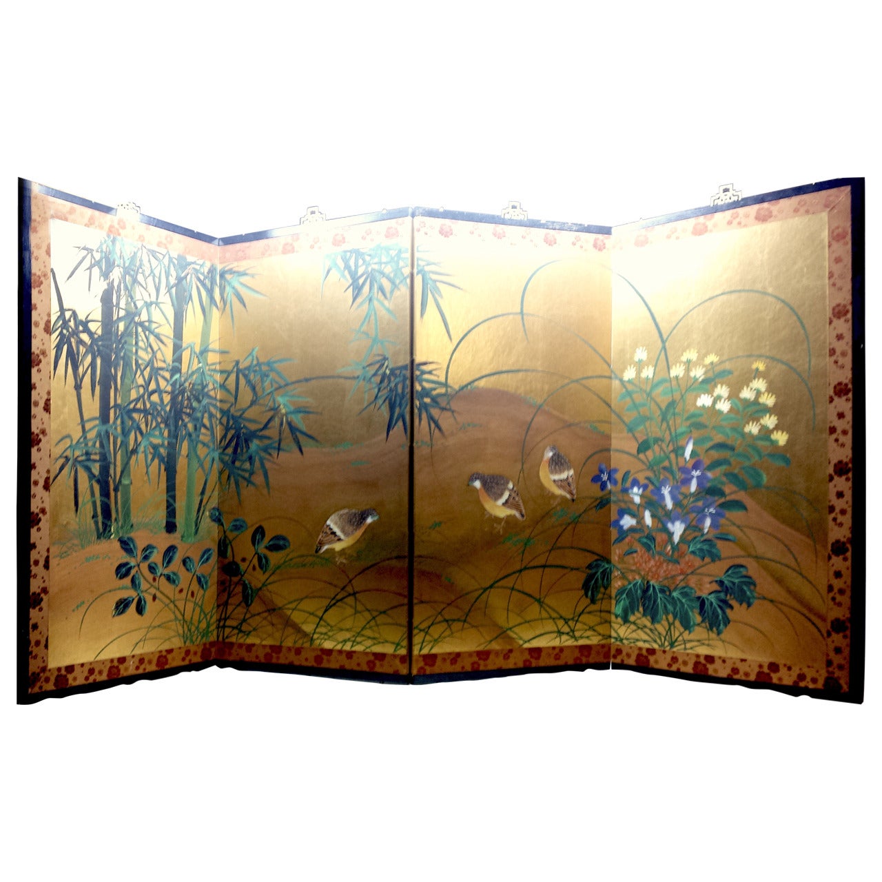 Beautiful Large Asian Screen, Byobu or Paravent Painted with Birds on Gold Leaf