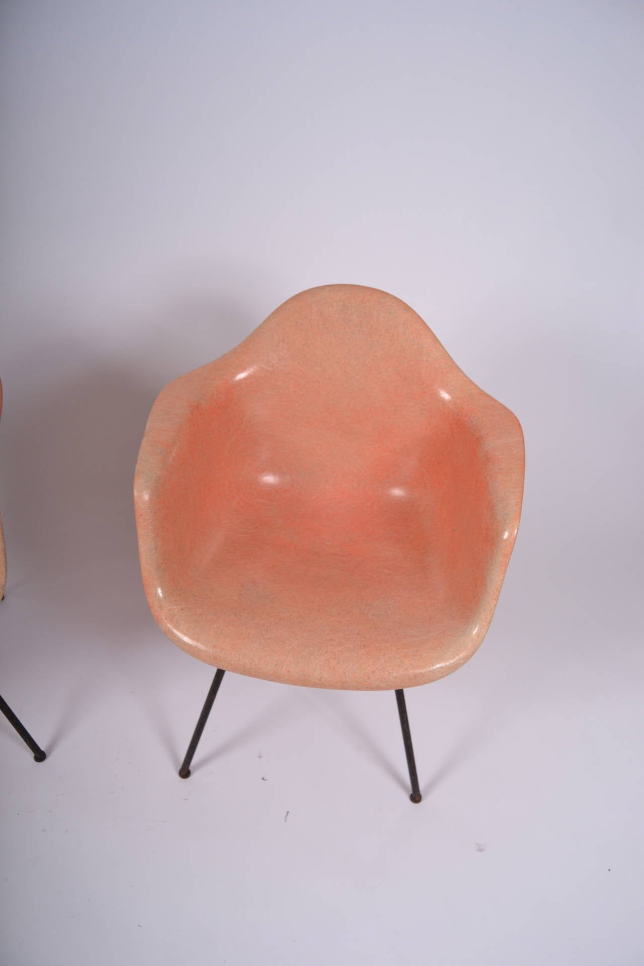 Eames Rope Edge Zenith rare DAX Salmon fiber glass armchairs.

Very fine condition for their age.

Checkerboard sticker on both chairs.
