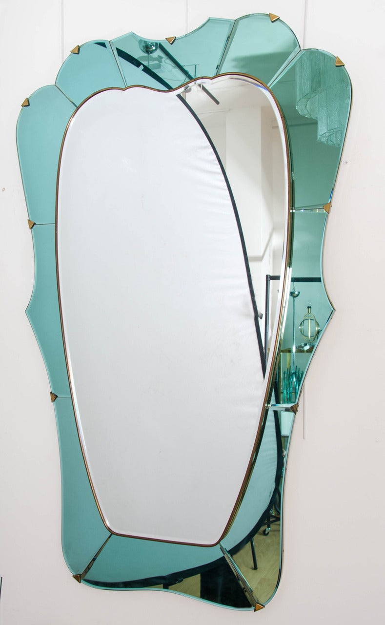1950's Fantastic quality stunning italian mirror in brass and green mirror frame
 Attributed to 'Colli' Torino