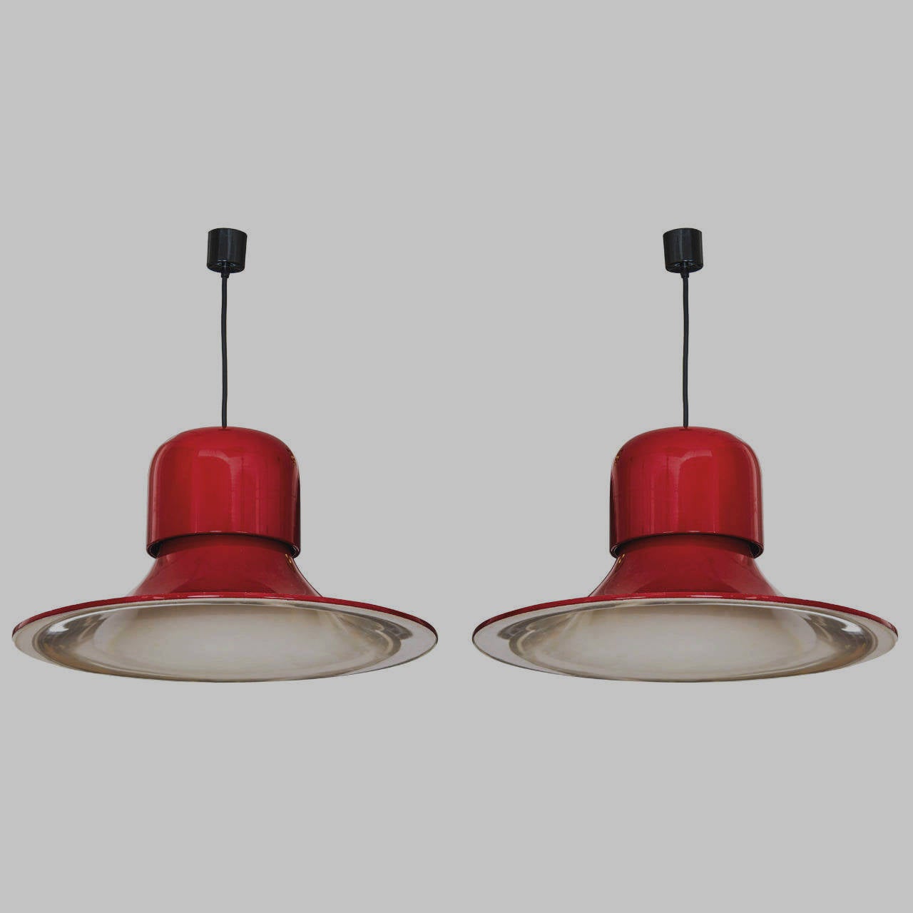 1960's Pair of Italian dark red metal pendant painted white inside the shade.
Diameter 64cm, high 36cm only the shade plus black cable and black original plastic ceiling cup. 
 Signed Stinovo-Italy