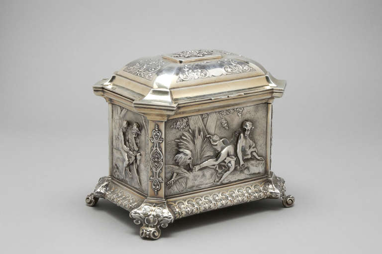 A superb and finely chased Box with each panel chased in high relief with allegorical scenes.  Silver and parcel gilt.  London 1872.  Maker Charles and George Fox.

Height 7 