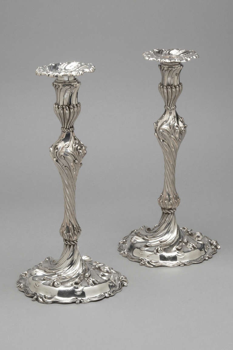 A rare and superb pair of candlesticks.  Thomas Hemming, London 1756.  Fully hallmarked and in superb condition.

Ht 13 inches
Wt 55 ounces