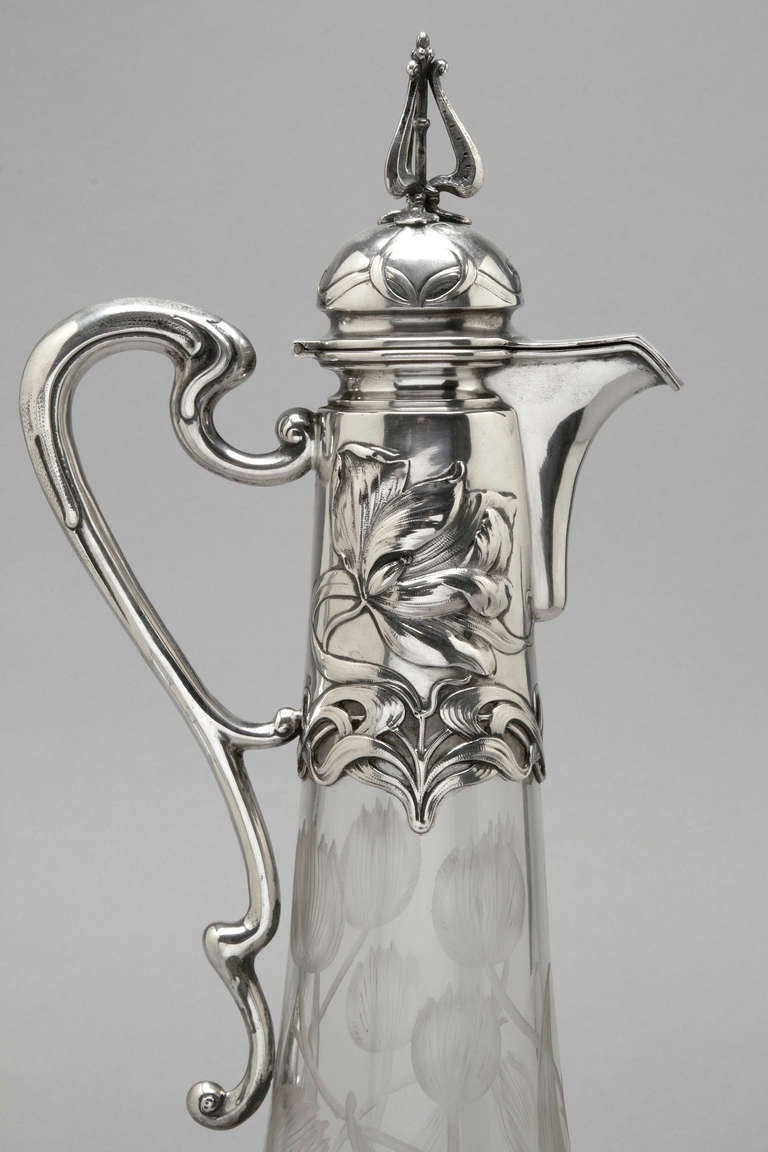 Sterling and Glass Claret Jug In Excellent Condition For Sale In Hollywood, CA