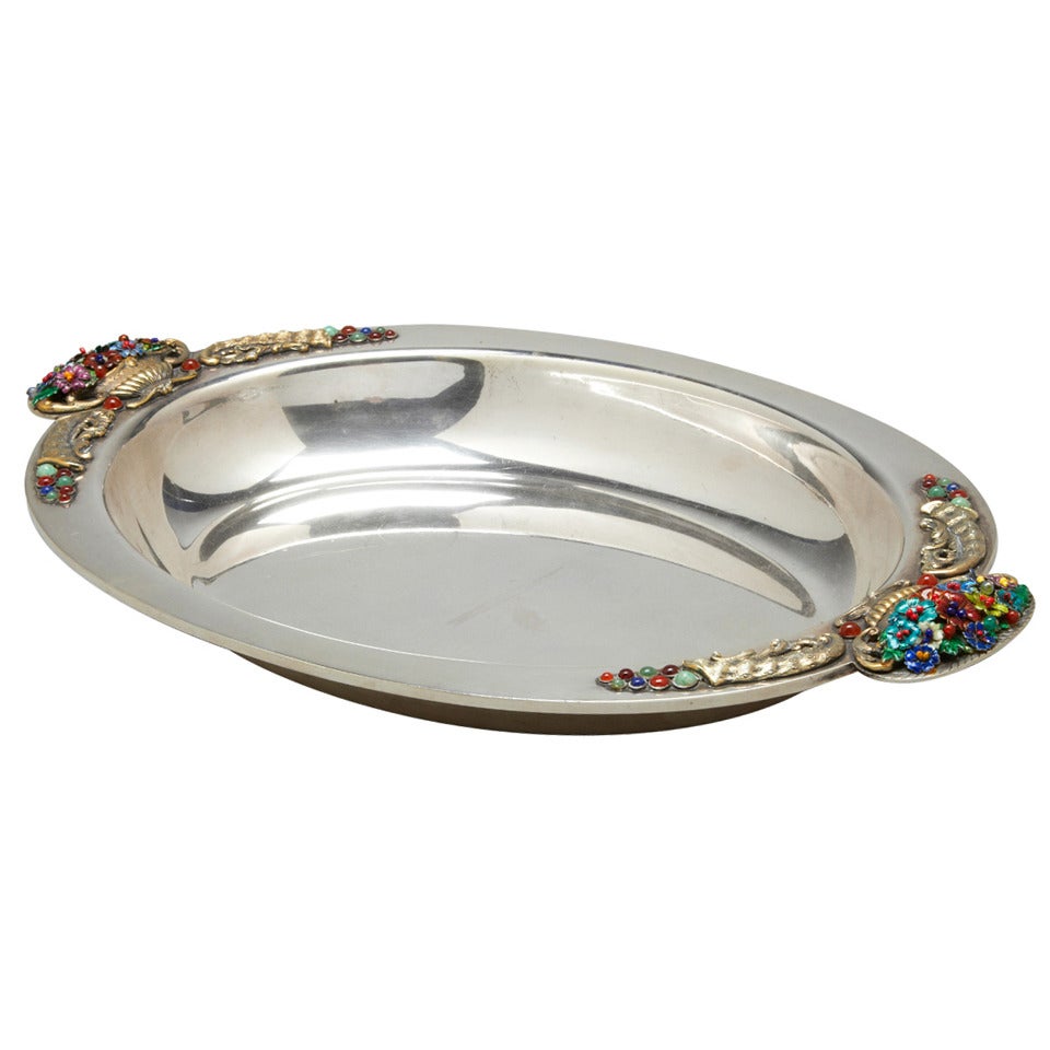 Sterling Silver and Enamel Tray For Sale
