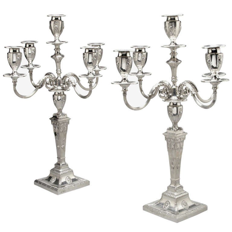 Pair Of Sterling Silver Five Light Candelabra For Sale