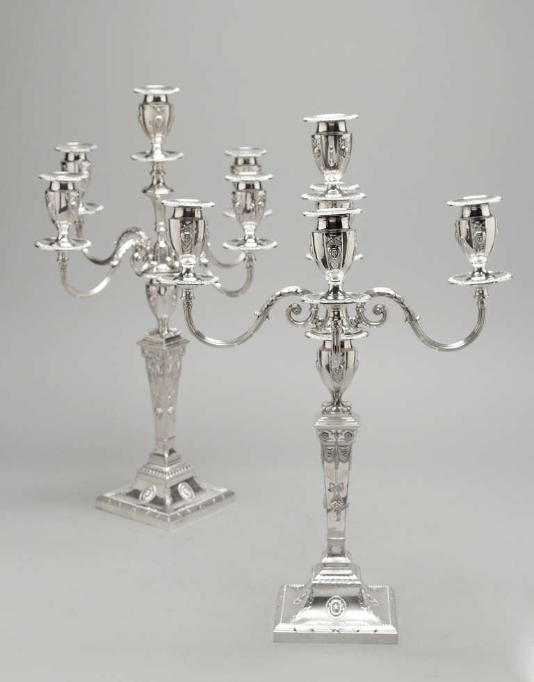 Women's or Men's Pair Of Sterling Silver Five Light Candelabra For Sale