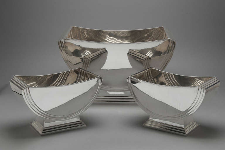 A superb suite of centerpieces of Deco design.  London 2013.  Maker JSA.  Sterling silver, fully hallmarked.  These are the final set of a limited edition of Deco design Dishes that are a copy of an original London design from 1935. They are