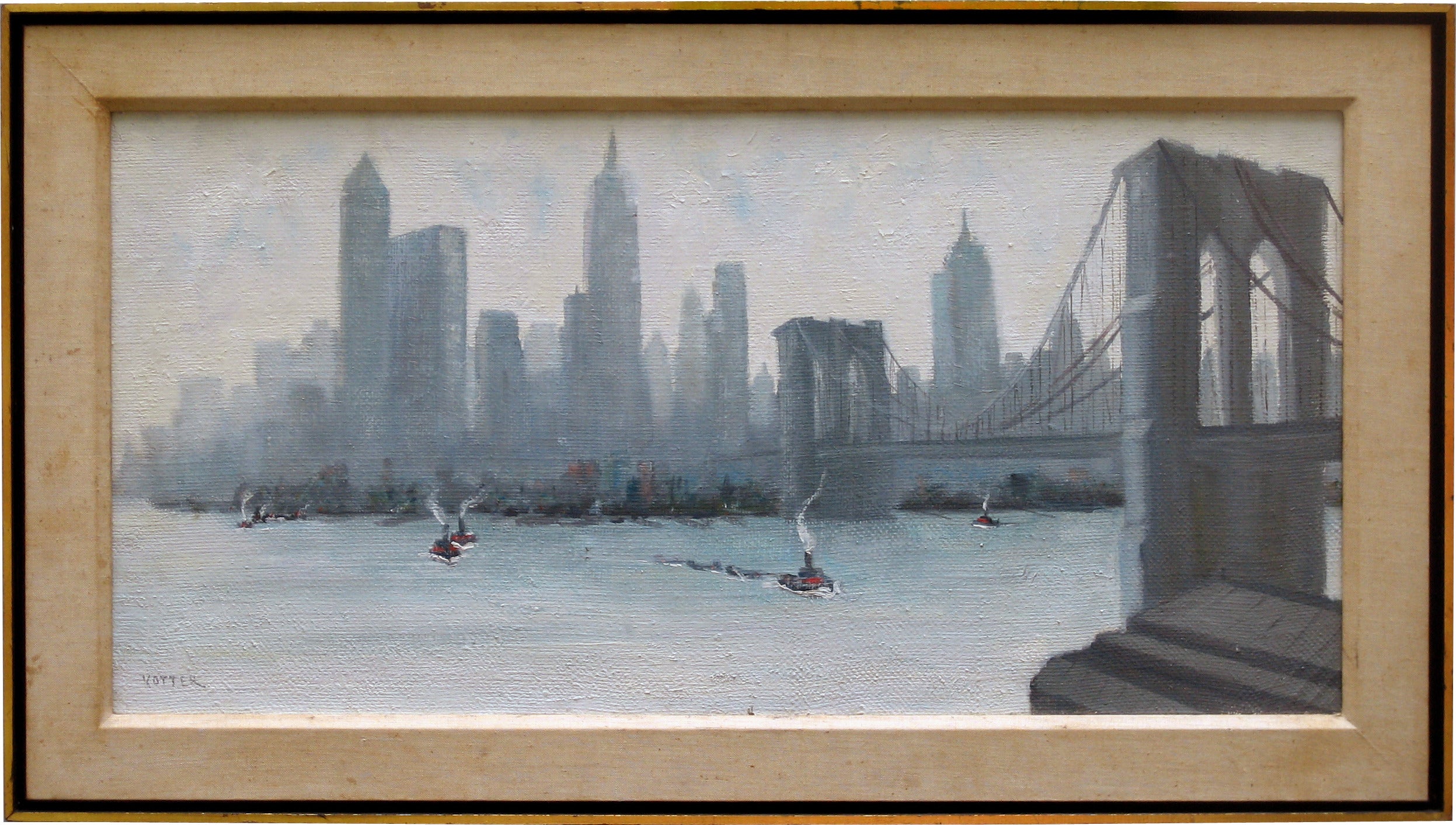 View of Lower Manhattan and the Brooklyn Bridge, Oil on Canvas, circa 1950 For Sale