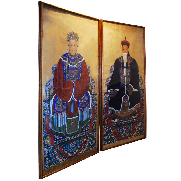 Pair of Chinese Antique Large Ancestor Portraits For Sale
