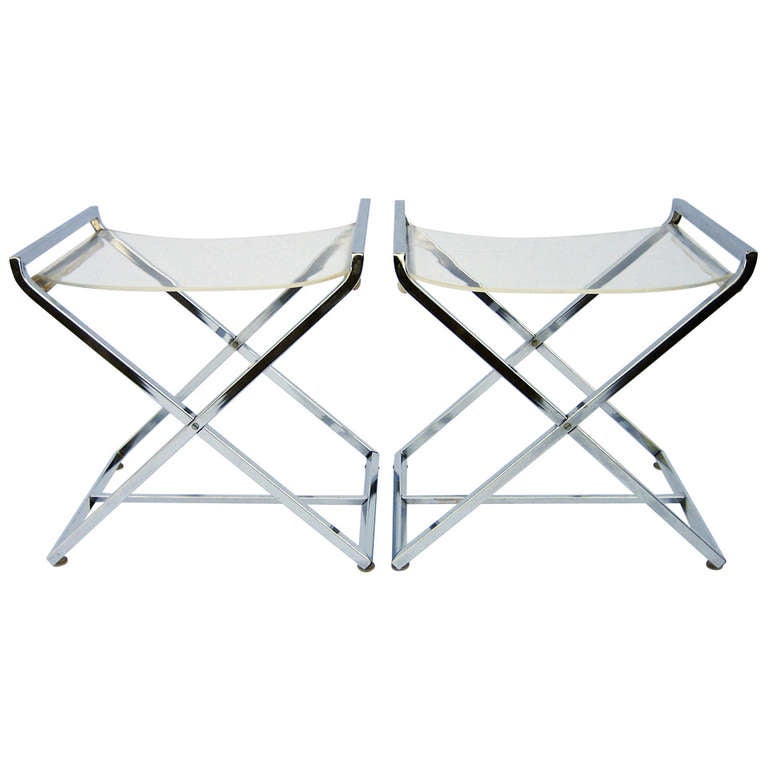 Pair of Modern Chrome and Lucite Stools For Sale