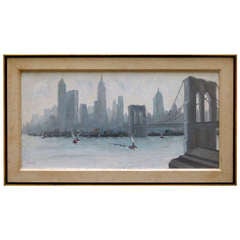 View of Lower Manhattan and the Brooklyn Bridge, Oil on Canvas, circa 1950