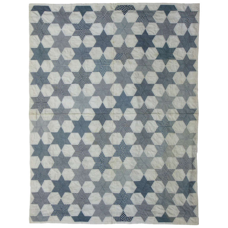 American Quilt, Star of David pattern, Blue and White, circa 1900 For Sale