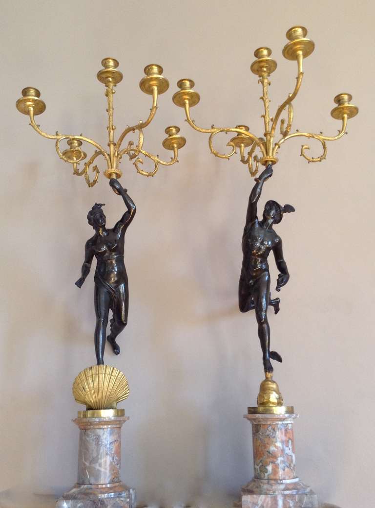 Large pair of Louis XVI period candelabra in brown and gilt bronze representing Mercury and Venus each holding five candles. Marble base.
Perfect condition