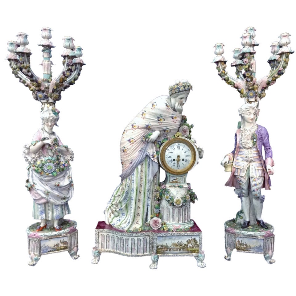 Late 19th Century German Porcelain Mantle Clock Set