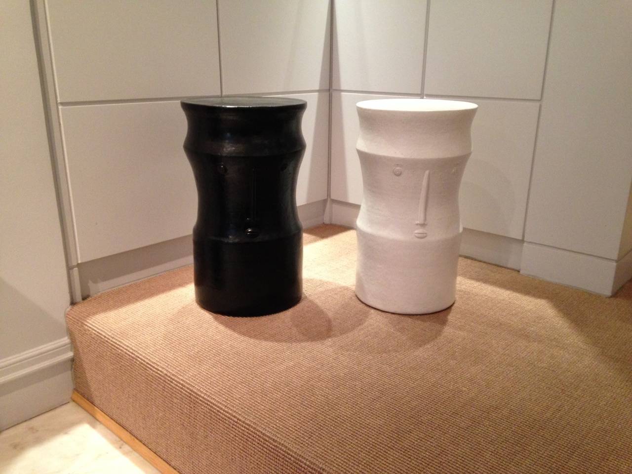 Pair of Ceramic Black and White Stools Signed by Dalo 1