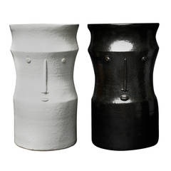 Pair of Ceramic Black and White Stools Signed by Dalo