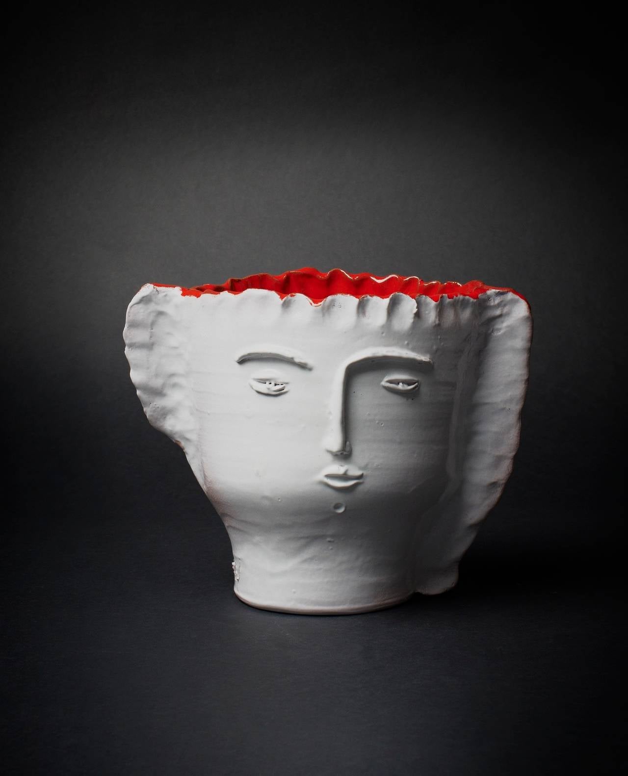 Robert and Jean Cloutier (Cloutier Brothers). Ceramic vase 'Visage au chignon'. White ceramic with red enamel inside. Signed Cloutier RJ.