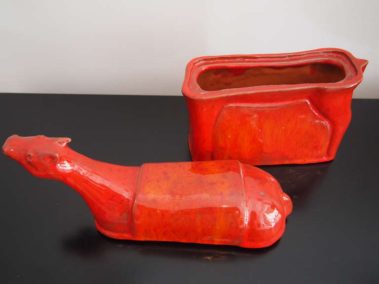 Red Enameled Ceramic Box Horse Sculpture signed by Robert & Jean Cloutier 3