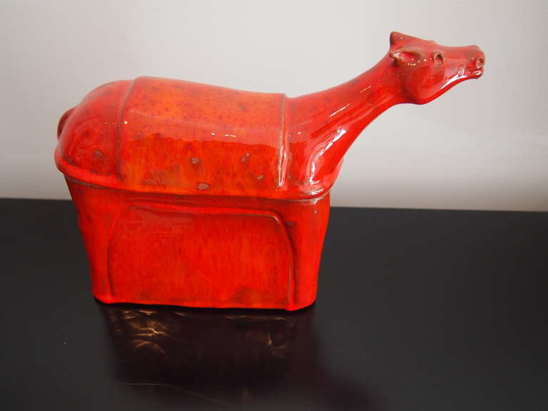 Red Enameled Ceramic Box Horse Sculpture signed by Robert & Jean Cloutier 4