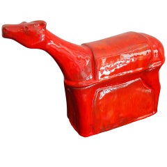 Red Enameled Ceramic Box Horse Sculpture signed by Robert & Jean Cloutier