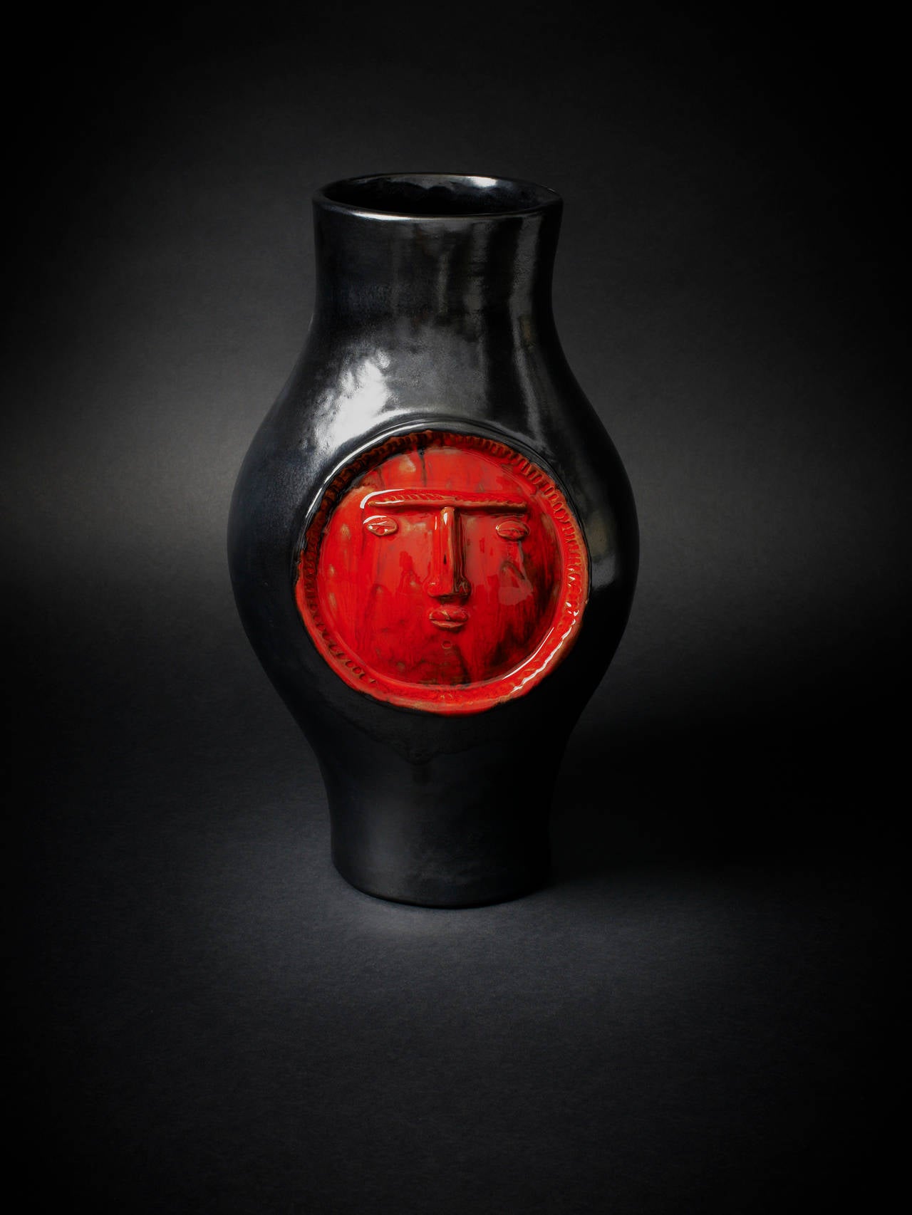 French Robert & Jean Cloutier, Big Black and Red Ceramic Vase