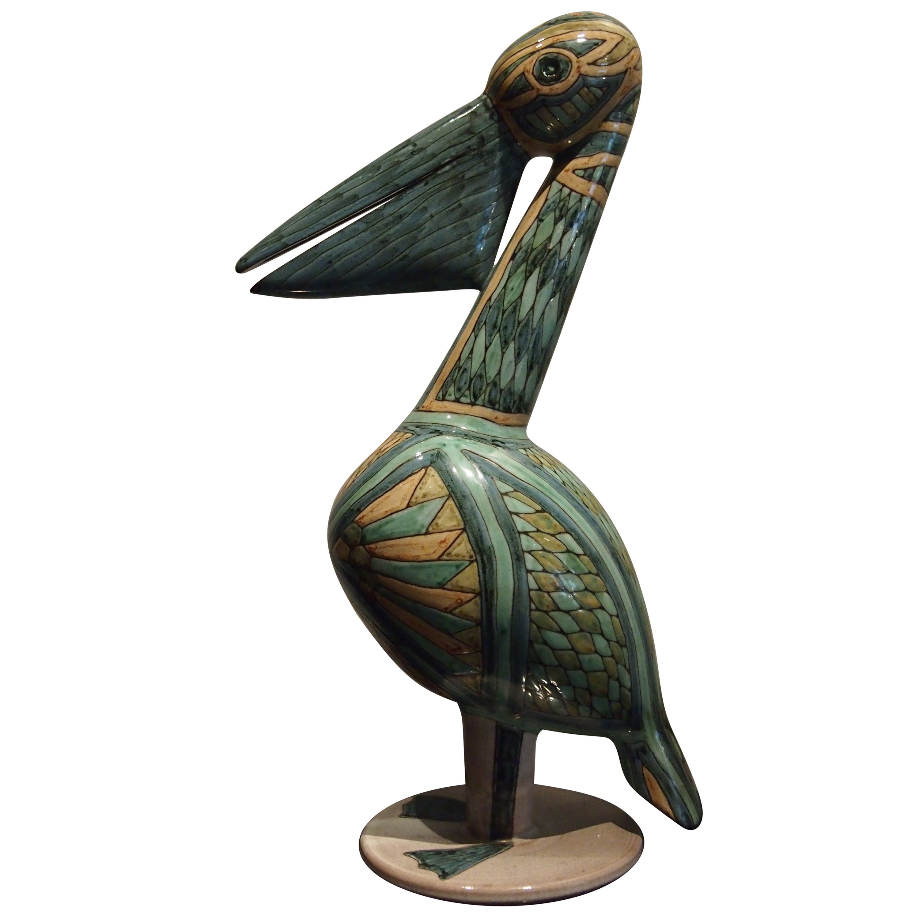 Pelican Ceramic Sculpture with Cloisonné Enamel, French, 1960