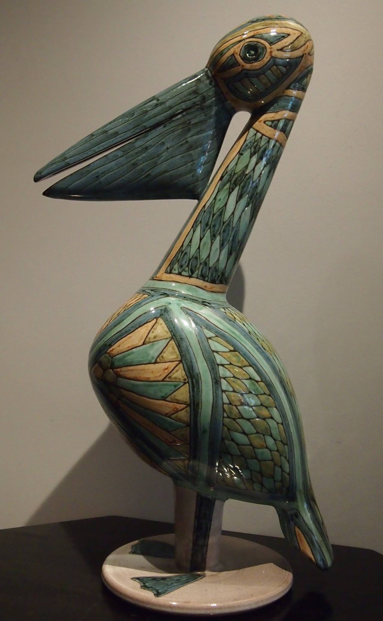 Pelikan Keramik-Skulptur mit Cloisonné-Email:: Französisch:: 1960