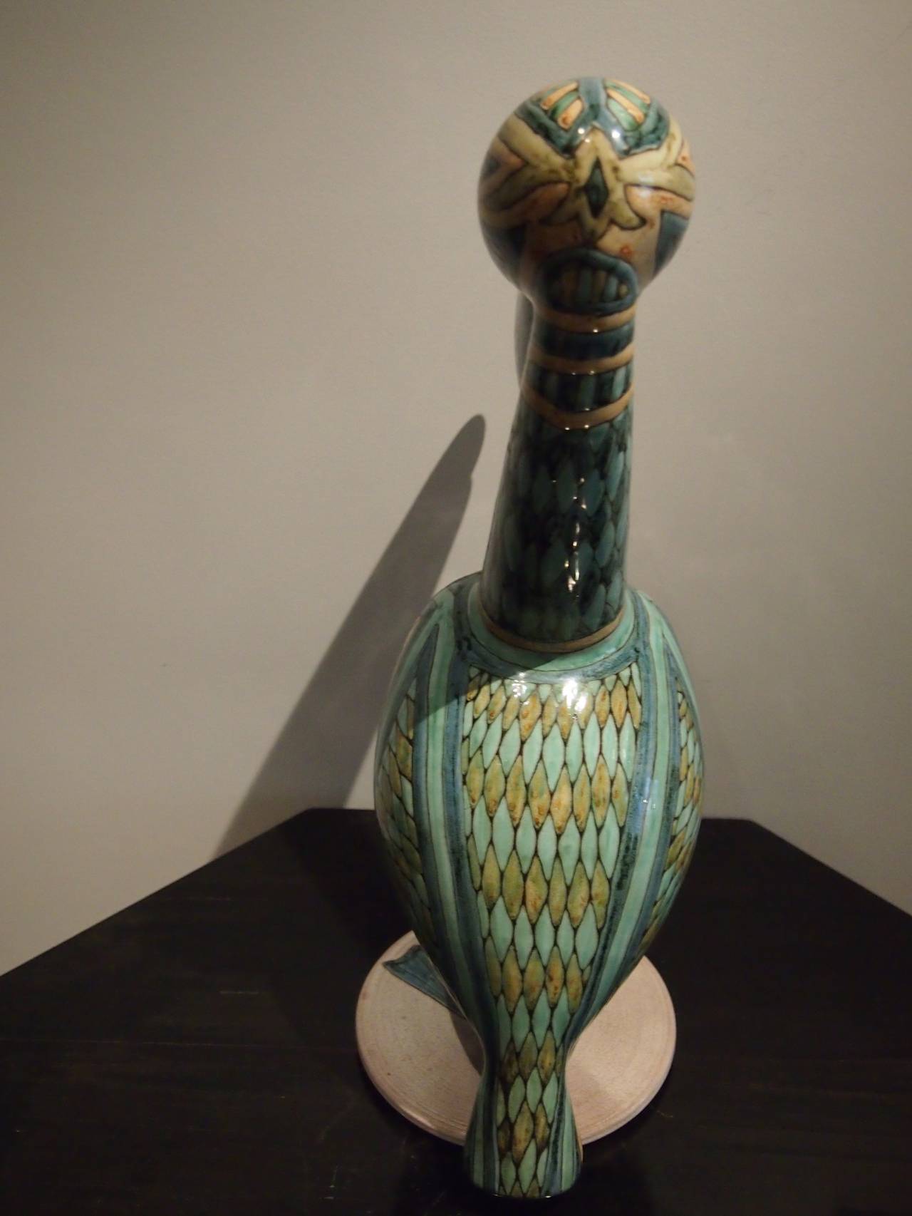 Earthenware Pelican Ceramic Sculpture with Cloisonné Enamel, French, 1960
