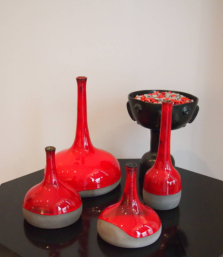  Set of Four Red Enameled Stoneware Bottles by Dalo For Sale 1