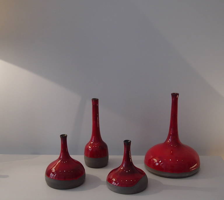 Contemporary  Set of Four Red Enameled Stoneware Bottles by Dalo For Sale