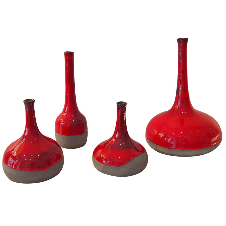  Set of Four Red Enameled Stoneware Bottles by Dalo For Sale