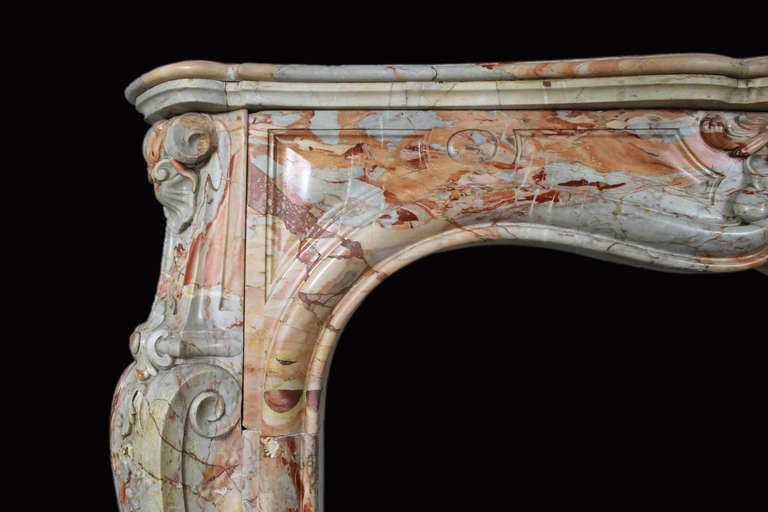 Italian Antique Louis XV Style Fireplace Sculpted Out of a Precious Sarrancolin Marble, 19th Century