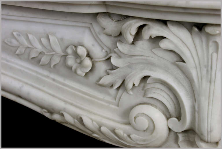 Antique Floral Louis XV Style Fireplace In White Carrara Marble from the 19th Century 2
