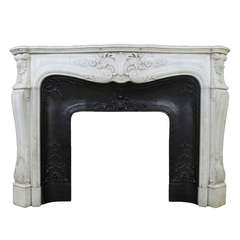 Antique Floral Louis XV Style Fireplace In White Carrara Marble from the 19th Century