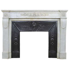 Antique Louis Xvi "ramo D'olivo" Fireplace Chimneypiece In White Carrara Marble