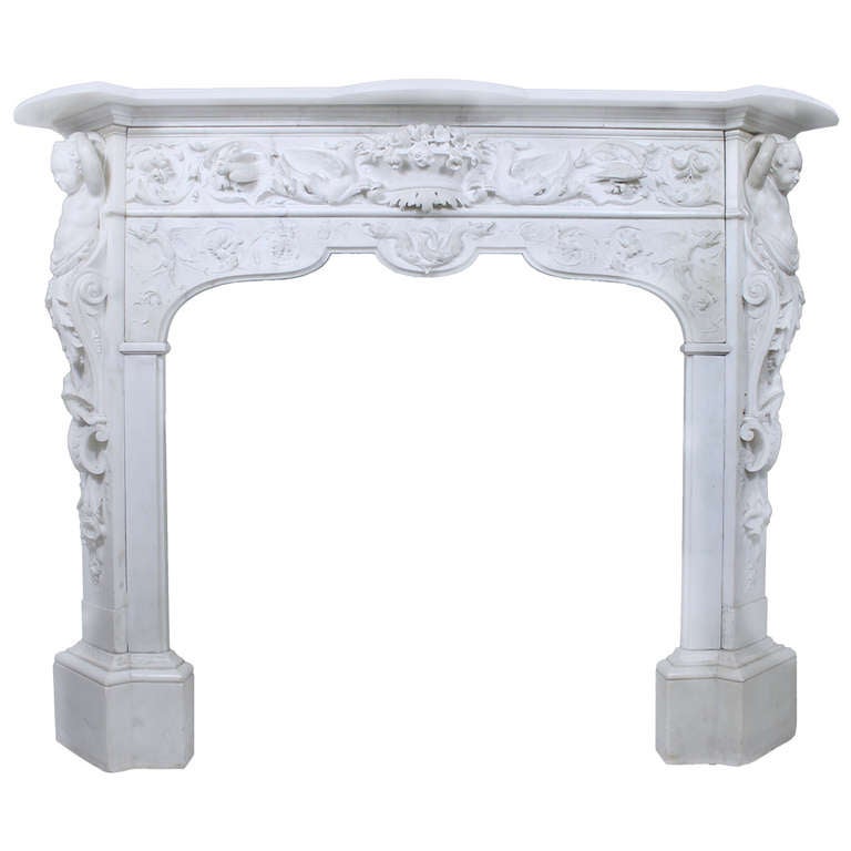 Exceptional Neo-Gothic Fireplace Chimneypiece in Statuary Carrara Marble For Sale