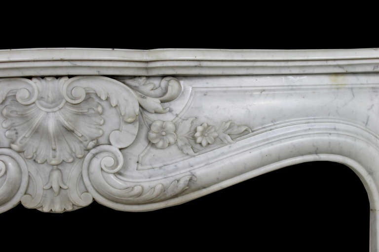 Marble Antique Louis XV floreal fireplace chimneypiece in Carrara marble, 19th century For Sale