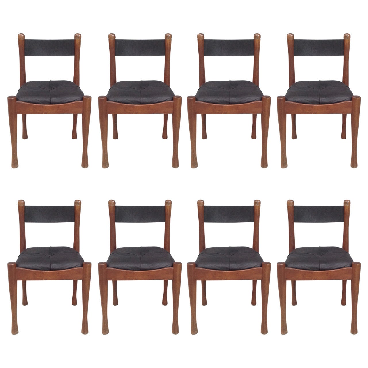 Set of Eight Leather and Wood Chairs by Silvio Coppola for Bernini