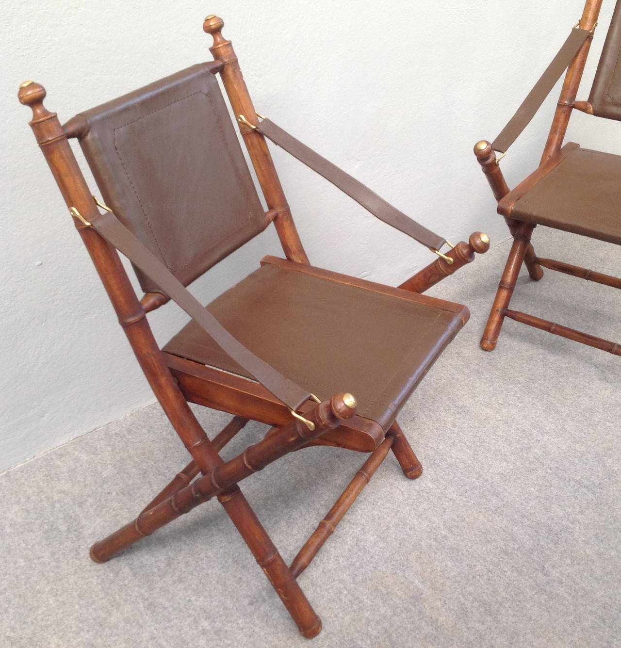 French Nice Pair of Faux Bamboo and Leather Hunting Chairs